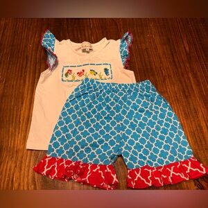 Kids Matching Set Little Mermaid smock with Blue and Red Accents